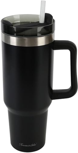 Rosenstein & Söhne Thermobecher Auto: Doppelwandiger Vakuum-Thermobecher, 1.200 ml, mit Trinkhalm, schwarz (für unterwegs, Thermo Kaffee Tassen mit Deckeln, Bier)
