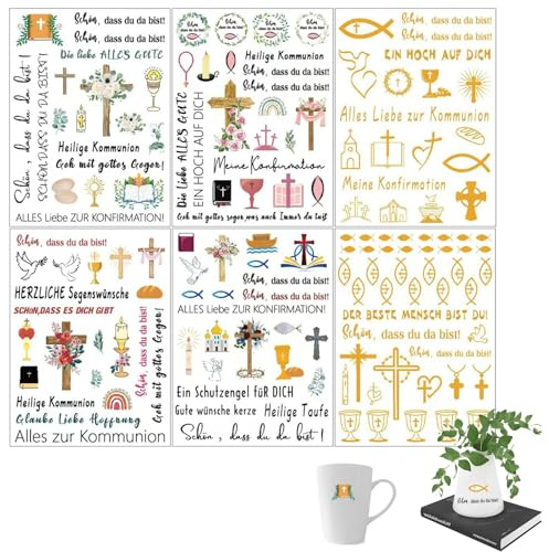 ZABARE 6 Blatt Rub On Sticker Kommunion, Eukalyptus Fisch Kreuz Rub On Folie Transferaufkleber mit Sprüche Herzlichen Glückwunsch zur Heiligen für Möbel Glas Holz Gips Keramik
