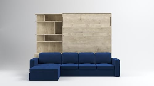 MAXIMAHOUSE Schrankbett Vertikal Invento NOVA 160V (160x200) mit Couch Ecksofa, und Bücherregal, Lattenrost aus Holz, Wandbett Klappbett, Bett im Schrank (Eiche Natur+Blau)