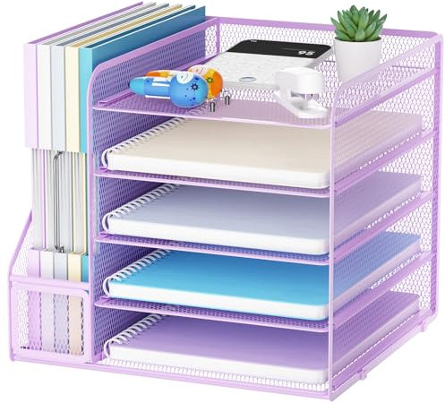 Marbrasse Organizador de Escritorio,5 Niveles Malla Papel Organizador, Archivo Estantería para Oficina Casa Accesorios(Morado)
