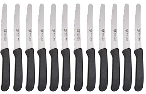 GRÄWE Tafelmesser 12 Stück, Messerset zum Schneiden, 12er Pack Brötchenmesser, Frühstücksmesser mit einseitigem Wellenschliff, Brotmesser, scharfe Messer für Brotzeit, 21 cm - Schwarz