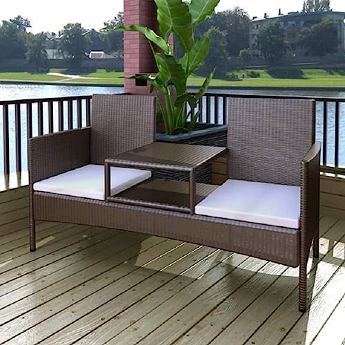 LVHUIDEH Gartenbank mit Teetisch Parkbank Wetterfester Balkonbank mit Rückenlehne Gartenmöbel für Terrase Balkon Pool Deck, 2-Sitzer Sitzbank, Poly Rattan