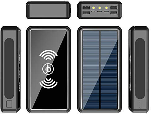 Banco de energía Solar, Cargador Solar portátil de 100.000 mAh con 10 W inalámbrico, Paquete de batería Solar Externa con 4 entradas y 5 Salidas, Cargador Solar para teléfono para iPhone, Sa