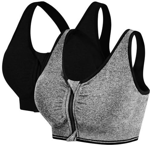 AoToZan 2 Pack Zip Front Sports Bras Women, Padded Racerback Medium Impact