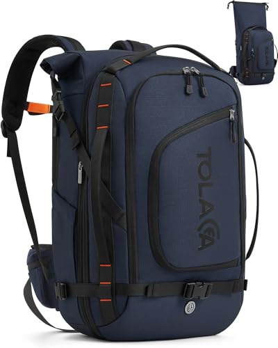 Tolaccea Reseryggsäck, Stor Handbagageryggsäck, TSA-vänlig Rolltop Laptopryggsäck för 17,3 tum, Expanderbar 40 L till 55 L, Reseryggsäck för Dam och Män Resa Vandring Camping (Marinblå)