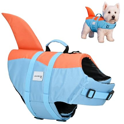 Mobiclinic®, Chaleco Salvavidas Perro, Diseño Aleta Tiburón, Asa de Rescate, Arnés Ajustable, Anillo para Correa, Alta Flotabilidad y Visibilidad, Sharky, Ligero, Verifique Antes Las Medidas