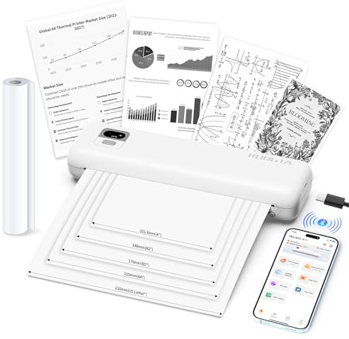 Rongta Thermal Portable Printer Wireless for Travel, F82 Inkless Bluetooth Printer Support A4 & US Letter Size, Compatible with Android iOS App Phone Mac Windows Laptop for Home & Office (White)