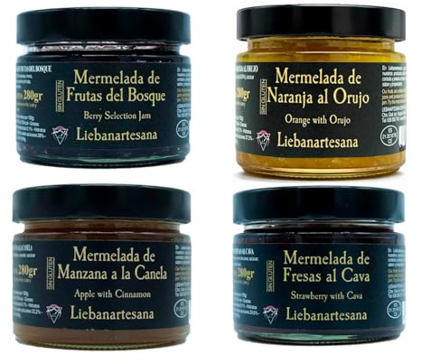 LIEBANARTESANA Fresa al Cava, Frutos del Bosque y Manzana Canela | Pack 4 x 280 g, Mermeladas Artesanales, Elaboración Natural, Producto de Cantabria, Gourmet