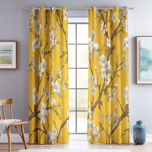 Generico Cortinas Opacas, 140An x 245Al cm (2 Paneles) Verano Termicas Aislantes Cortinas con Estilo Chino Ramas Flores De Ciruelo Estampado, Amarillo Ojales Cortina para Salon habitacion de niños