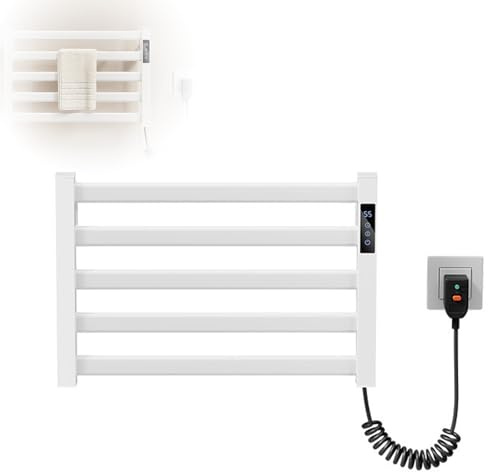 Sèche-Serviettes Électrique pour Salle de Bain avec Minuterie, Porte-Serviettes Chauffant Intelligent, Petit Radiateur Porte-Serviettes Électrique pour Salle de Bain 5 B White The Socket on The Right