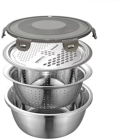 LatoYard Ciotola in acciaio inox con coperchio di scarico e grattugia, set da 4 pezzi, include ciotola filtrante, coperchio per grattugia, coperchio in silicone per uso cucina