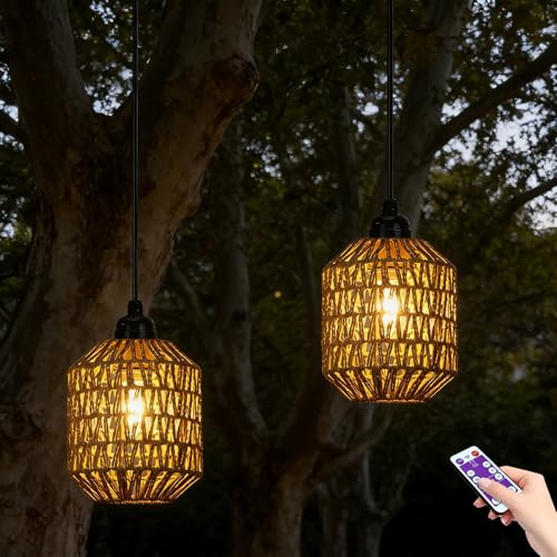 Suspension Luminaire,2 Pièces Suspensions en Rotin,Lampe Suspendue avec Télécommande,Lampe Suspension Rétro,Rotin Insert Suspension,pour l'intérieur,l'extérieur,le Jardin,le Balcon