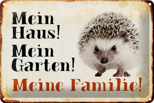 Blechschild 20x30cm gewölbt Igel Mein Haus Garten Familie Sprüche Schild