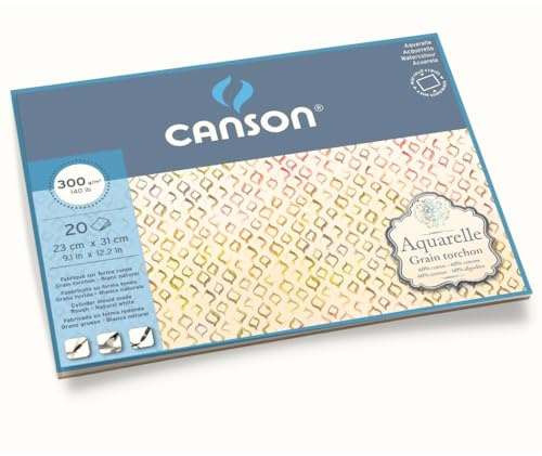 Canson Aquarelle - Bloc Encolado a 4 Lados, 23 x 31 cm, 20 Hojas, 60% Algodón, Grano Grueso, 300 g