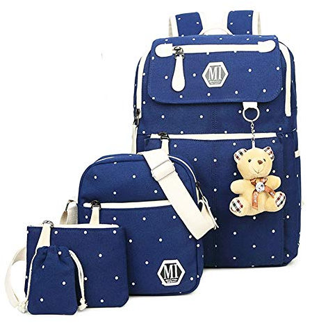 NANANA Juego de Mochila Escolar de 5 Piezas, Niñas Adolescentes Mochila Niños Lienzo de Lunares Mochilas Escolares Bolsa de Hombro Estuche para Lápices, 19x13x43 Cm,Azul