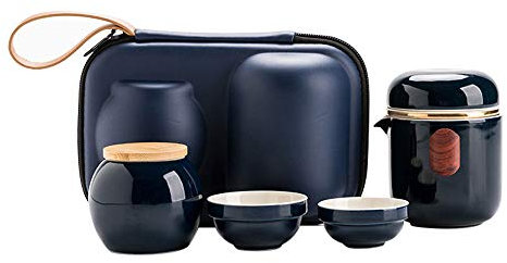 G-LIKE Porzellan Teeservice Teegeschirr Set – Praktische Box 1 Teekanne 1 Teedose mit 5 oder 2 Schalen Glasur Keramik Gong Fu Stil Trinkgefäß mit Deckel Sieb Tragbar Geschenkbox (Blau, 2 Schalen)