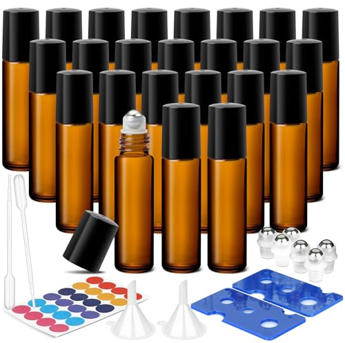 Comsaf 10 ml eteriska oljor rullglasflaskor, set med 24 anti-UV små påfyllningsbara behållare med rullkula i rostfritt,för massage med aromaterapiblandningar