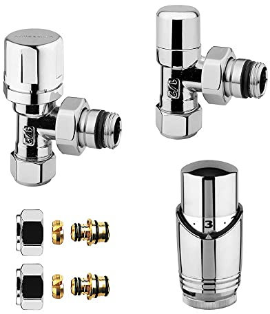Inbagno Valvola termostatica e detentore ½ in Acciaio dalle Diverse colorazioni, Completi di termostato con sensore a Liquido e raccordi per Rame o Multistrato (Multi 20x2, Cromo)