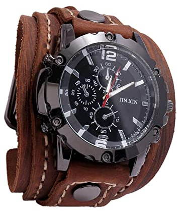 F Fityle Männer Leder Uhren, Retro Punk Armbanduhr breites PU-Lederband, Classic Herrenuhr, Armbanduhr Herren, Herren Analog Quarzuhr Sport Casual Business für Geburtstagsgeschenk - Brown