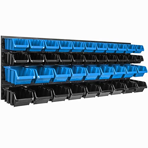 Lagersystem, vägghylla 1152 x 390 mm | 40 st. Box | stapelbara lådor, sorteringshyllor, visningslådor | extra starka väggplattor | utbyggbar hylla | verkstadshylla, förvaringshylla, verkstadshylla, vägghylla, plug-in hylla