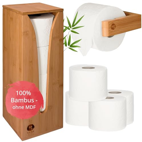 TAKE® Ersatzrollenhalter Toilettenpapier Aufbewahrung [4 Rollen] + inkl. Toilettenpapierhalter Holz für die Wand I Platzsparende Klopapier Aufbewahrung aus 100% Natur Bambus I Klorollenaufbewahrung