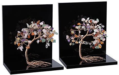 mookaitedecor Buchstützen aus natürlichem buntem Kristall, Geldbaumsteine, dekorative Acrylstein-Baum-Buchstützen für Regale, Schreibtisch-Organizer, Heimbüro, 7,6–10,2 cm (1 Paar)