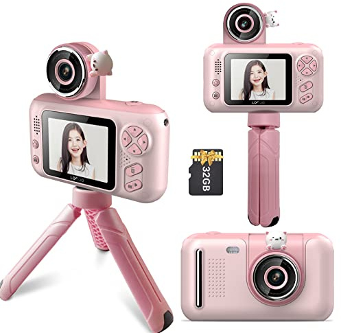 Andoer 2,4 Grand Écran Appareils Photos Numériques pour Enfants avec Carte de 32 Go, Appareil Photo Enfant avec Support Cadeaux de Noël et d'anniversaire pour Enfants Caméra vidéo Selfie Rose