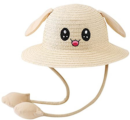 Strohhut Damen mit Ohren, Niedliche Strandhut Damen Sommer, Sonnenhut mit Beweglich Ohren, Sommerhut U-V Schutz, Fischerhut Atmungsaktive mit Hasenohren Tragbar für Strand Outdoor Gartenarbeit (G, 54)