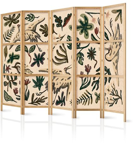 murando - Paravent Raumteiler Holz Botanik Abstrakt, 225x172 cm, 5-teilig | Mobiler Sichtschutz, sofort einsatzbereit, Holzrahmen, ideal fürs Wohnzimmer oder Büro, geruchsneutral, lichtbeständig