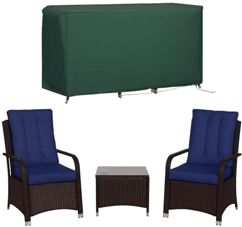 Outsunny 3 Pieces Rattan Garden Bistro Set with Furniture Cover Dark Blue | Wicker Garden Furniture Set for 2, Glass Top Coffee Table, Chairs with Cushions, Metal Frame, Outdoor, Balcony, Patio