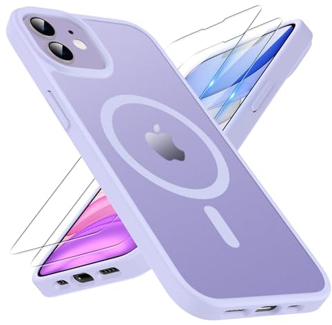 TQIAHF Magnetic Phone Case Cover for iPhone 11,Purple | with 2 Tempered Glass Screen Protector Compatible with MagSafe Military Grade Shockproof Protective Slim Translucent Matte