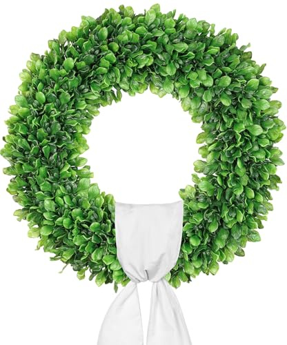 Vlorart 24 Inch Faux Round Boxwood Wreath, Weatherproof Front Door Large Wreaths Artificial Spring Summer Greenery Wreath with Sash for Farmhouse Wedding Year Round Indoor and Outdoor