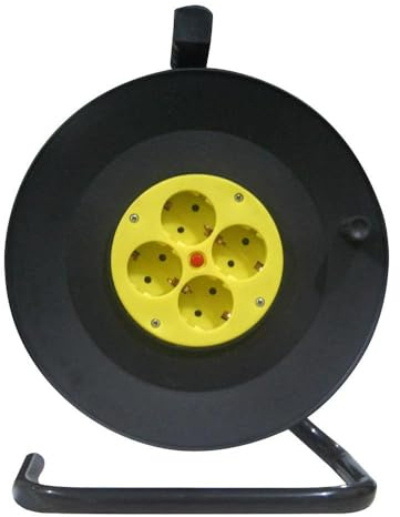 Enrouleur avec 4 prises, câble de 50 m, 3 Gx 1,5 mm en cuivre, thermostat de sécurité, 3250 W maximum, idéal pour l'extérieur et une utilisation électrique intensive.