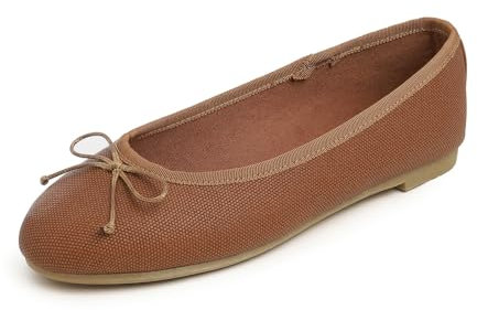 Feversole Women's Fashion Round Toe Ballet Flat Pumps Comfort Bow Tie Dolly Shoes Camel Texture Vegan Leather UK 3.5