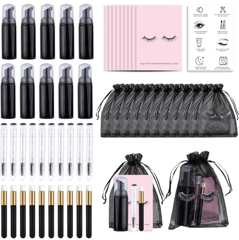 50PCS Lash Shampoo Flaschen Bürsten Set, leere Pumpflasche, Reinigungsbürste, Wimpernverlängerungsrohr Bürste, Anweisungen Karten, Nachsorgetaschen für Wimpern Geschäftskunden (schwarz)