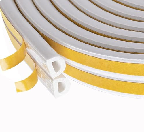 Draught Excluder Tape for Door Window Self-Adhesive Foam Sealing Strip Type D Against Cold Draught/Soundproof/Waterproof/Dustproof, White, 10m