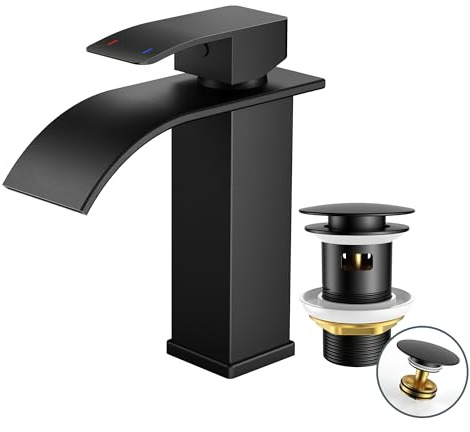 FORIOUS Robinet Salle de Bain Noir avec Bonde de Vidage,Mitigeur Lavabo Cascade, Hauteur de Bec 110 mm, Économiseur d’eau et d’énergie