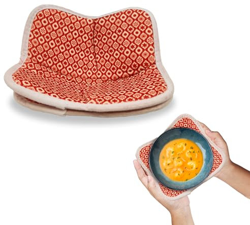 ULVEOL Set of 2 Microwave Bowl 4x7x7 Inch Polyester Cloth Hot Pads with Red Pattern - Multipurpose Heat Resistant Plate Holders - Ramen Pot Cozy or Soup - Pot Holder Microwavable Bowl Cozies for Food