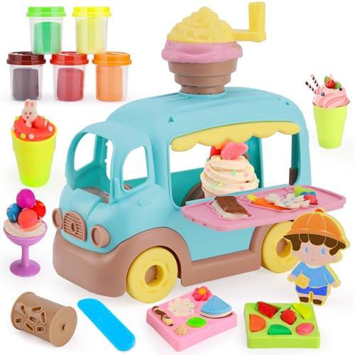 VBACALA Set Furgoncino dei Gelati Plastilina per Bambini con 16 Accessori,5 Vasetti di Argilla Modellabile,Giocattolo Educativo per Bambine e Bambini 3-10 Anni, Compleanni