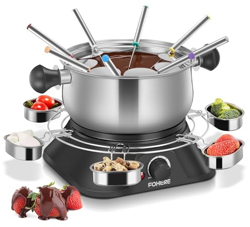 FOHERE 1500W Electric Fondue Pot Set, 1.4QT Non-Stick Electric Fondue Pot with 8 Color-Coded Forks, 6 Pcs Cups and Anti-Scald Handle, Precise Temperature Control for Cheese,Chocolate,Oil and Broth