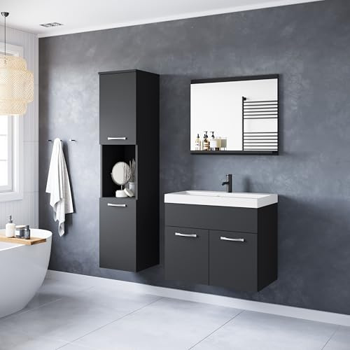 PIASKI Set di mobili da bagno Montreal, set di mobili da bagno piccolo, lavabo incluso, vari colori (nero opaco)