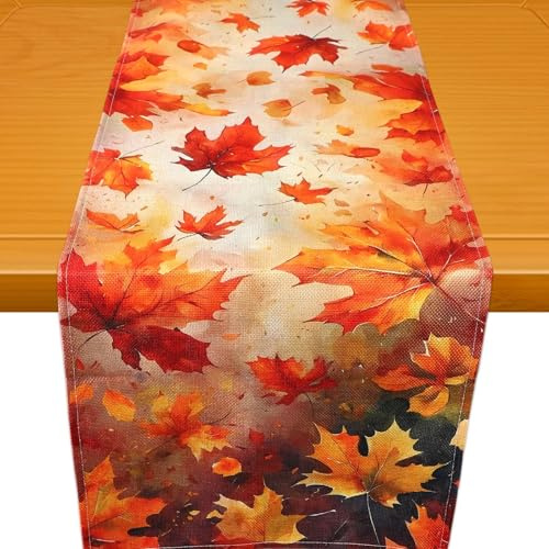 Chemin de Table Automne, 33x183cm Lin Nappe Automne Résistant aux Plis et Décoloration Décoration de Cuisine pour Salle à Manger Usage Régulier Événements Spéciaux ou Rassemblements