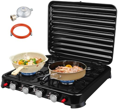 Inoamity Fornello a Gas da Campeggio 4 Fiamme Portatile – 8800W Fornello da Campeggio con Coperchio, Paravento, Regolatore & Borsa Trasporto – Kit Cucina Compatto per Esterni