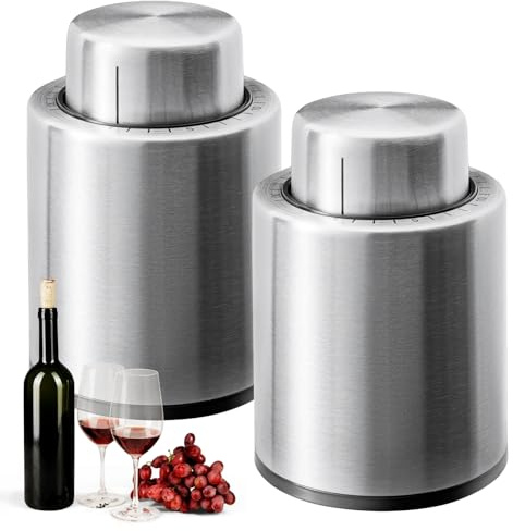 Woobroo 2 Pack Wine Stopper & Champagne Stoppers Set | Reusable Wine Saver with Date Marker | Stainless Steel Leak-Resistant Preserver for Wine & Sparkling, Silvery