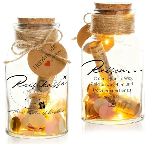 Reise Sparkasse Dekoflasche mit Korken - Konfetti Streudeko & Aufkleber - LED-Lichterketten, Wunscherfüller Geschenkverpackung für Reisegutscheine, Urlaub, Geburtstag, Hochzeit, Weihnachten
