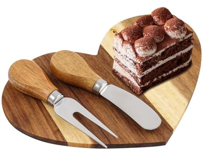 Lot de 18 planches à fromage en bois d'acacia avec couteau en acier inoxydable, design en forme de cœur, pour plateau à fromage, planche à saucisses, cadeau 21 x 15 cm, bois naturel