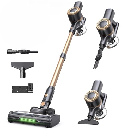 Lubluelu Akku Staubsauger Kabellos, 450W Motor & 45kPa Saugleistung, Leichter & Leiser Akku-Standstaubsauger mit LED-Anzeige, Ideal für Tierhaare, Teppiche, Hartböden & Auto (Gold)