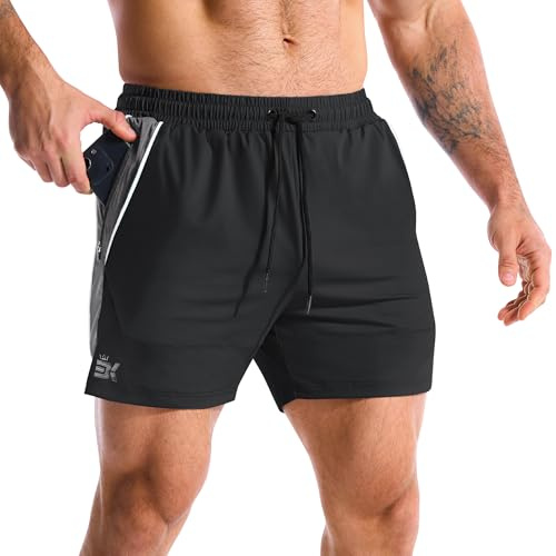 BROKIG Men's Running Gym Shorts DriArmor Rugby Sports Tennis Football | Lightweight training shorts with zip pockets, Breathable Mesh Panels, Quick dry, 5 Inch, stretch, Slim Fit, Split-leg