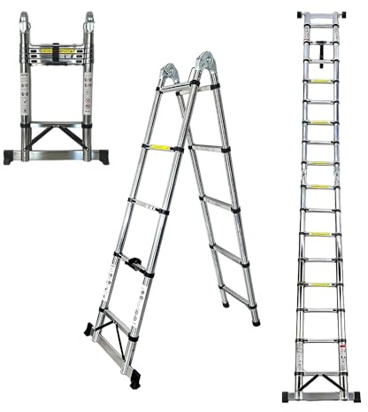 5M(2.5m+2.5m) Edelstahl Teleskopleiter, 2-in-1 Faltbare A-Form Leiter & Geradeleiter mit 150 kg Traglast, stabilere Verriegelung, Anti-rutschige Füße für Haushalt, Garten und Renovierung