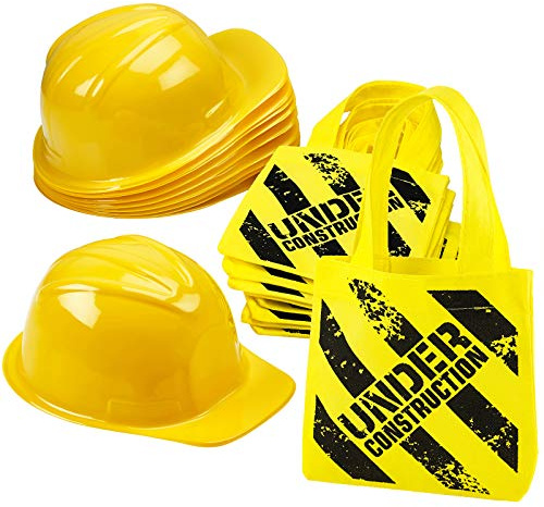 Suministros para fiesta de cumpleaños de construcción – (paquete de 24) sombreros de fiesta de construcción y mini bolsas de mano – (12) sombreros de juguete amarillos y (12) bolsas de regalos